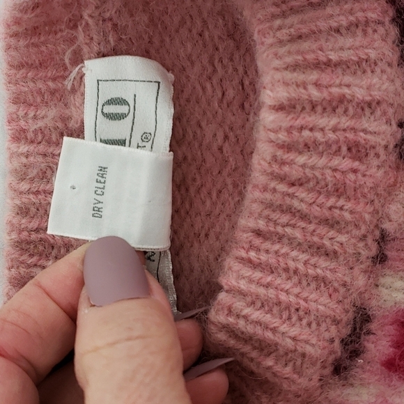 Vintage Studio Shetland Wool Sweater Cottagecore Dropped Shoulder Pink & Green S - Picture 4 of 14